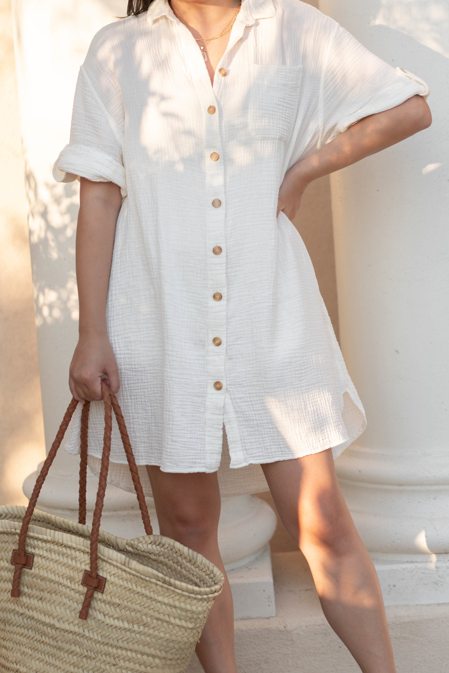 Sezane Sophia Dress, Sustainable Dress, Easy Summer Outfit, White Summer Dress, Mango Basket Bag